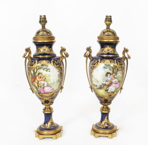 Antique Pair Large French Cobalt Blue Sevres Style Vases Lamps 19th C