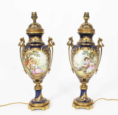 fig 1. Antique Pair Large French Cobalt Blue Sevres Style Vases Lamps 19th C