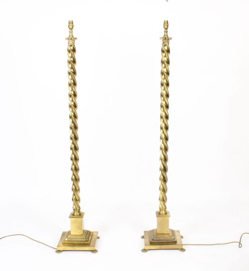 fig 1. Antique Pair Victorian Brass Corinthian Column Standard Lamps 19th C
