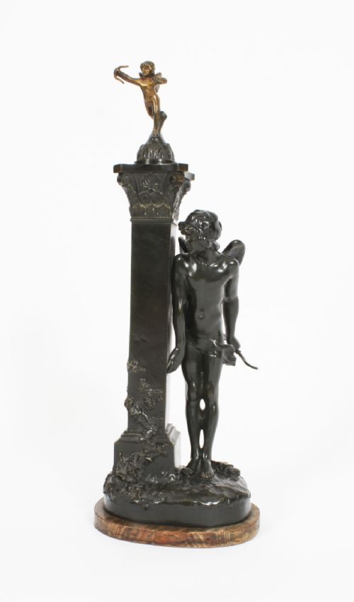 Antique Victorian Bronze Sculpture of Cupid & Column Paul Ponsard 19th Century