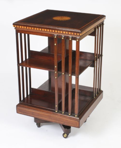 fig 1. Antique Edwardian Revolving Bookcase Flame Mahogany c.1900