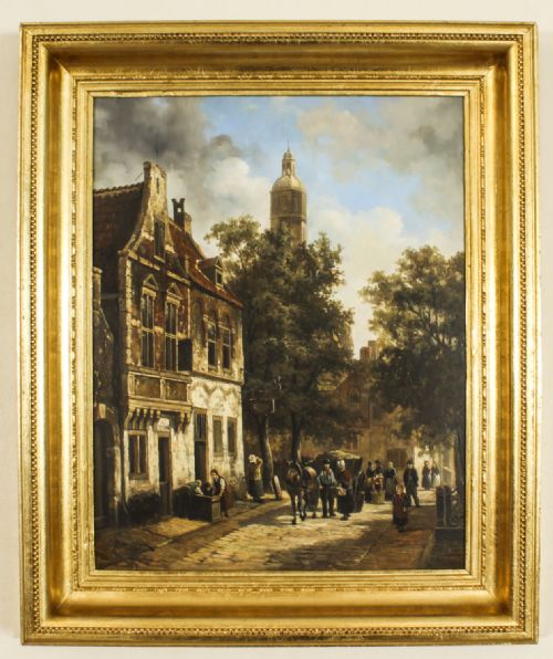 Antique Townscape Oil Painting by Louis Dommersen 19th C
