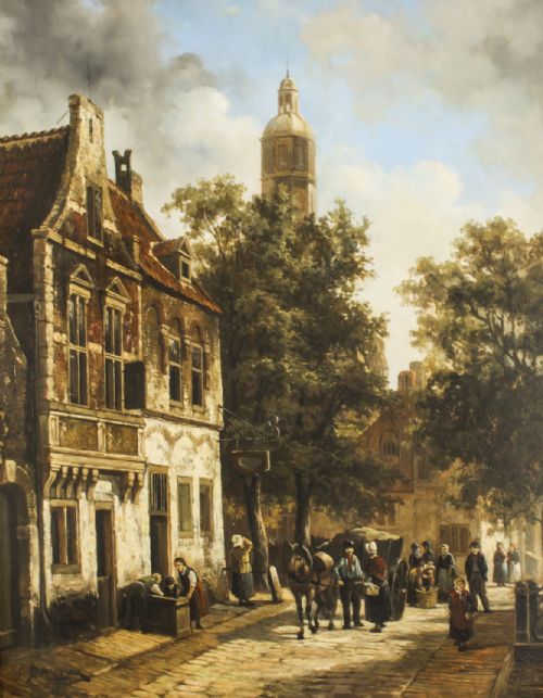 fig 1. Antique Townscape Oil Painting by Louis Dommersen 19th C