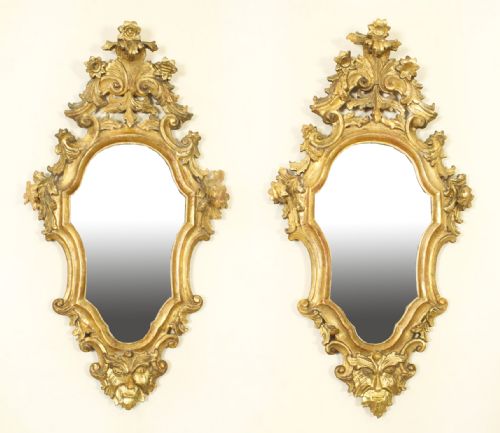 Antique Pair Florentine Rococo Giltwood Mirrors 19th Century 77x42cm