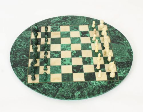 fig 1. Antique Malachite & Carrara Marble Chess Board c.1920 20th C
