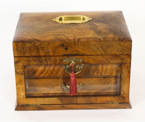 fig 1. Antique Victorian Burr Walnut Table Top Jewellery Collectors Cabinet C1880
