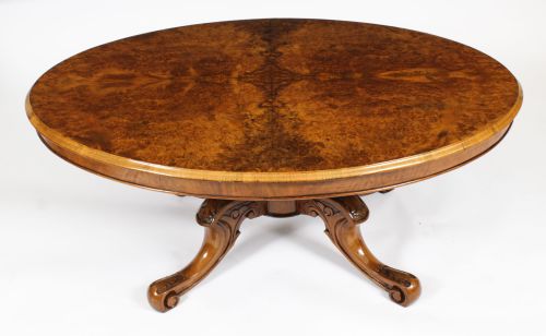 fig 1. Antique Burr Walnut Oval Coffee Table Circa 1860 19th Century
