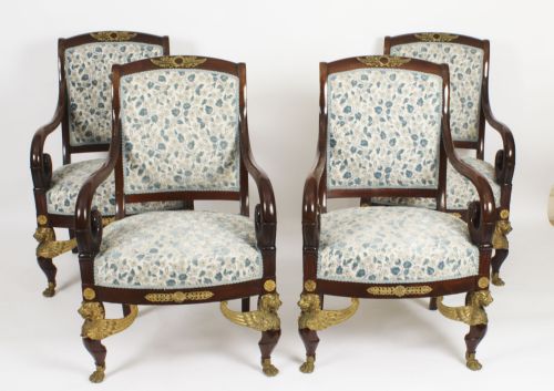 Antique Set 4 Ormolu Mounted Armchairs Empire Revival C1870 19th C