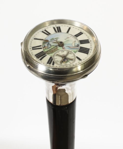 Antique Silver & Ebonised Watch Opera Walking Stick Thomas Peter Hewit 19th C