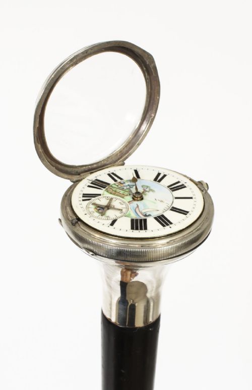 fig 1. Antique Silver & Ebonised Watch Opera Walking Stick Thomas Peter Hewit 19th C