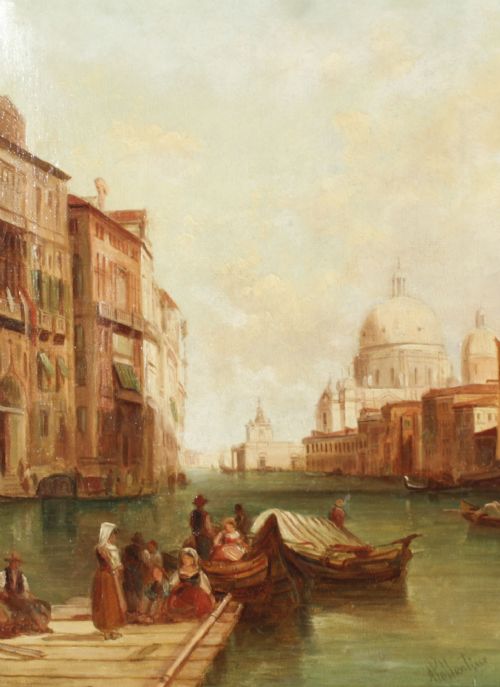 fig 1. A 19th-century oil painting by Alfred Pollentine depicting the Grand Canal in Venice, presented in an ornate gilded frame.