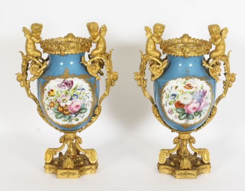 Antique Pair Bleu Celeste Sevres Porcelain Gilt Bronze Urns 19th C