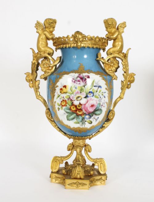 fig 1. Antique Pair Bleu Celeste Sevres Porcelain Gilt Bronze Urns 19th C
