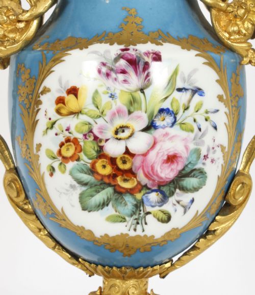 fig 2. Antique Pair Bleu Celeste Sevres Porcelain Gilt Bronze Urns 19th C