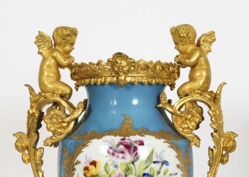 fig 5. Antique Pair Bleu Celeste Sevres Porcelain Gilt Bronze Urns 19th C