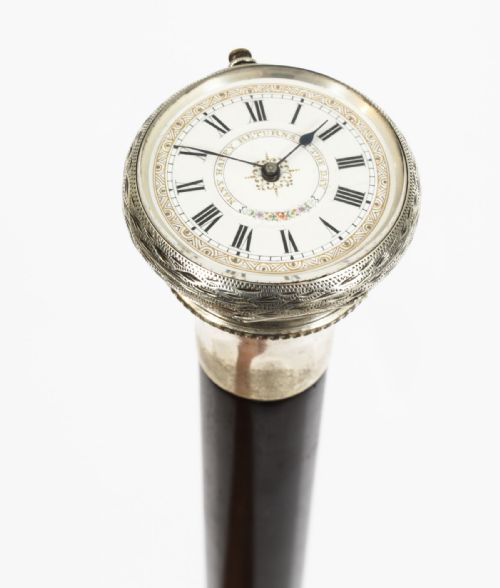 Antique Silver & Ebonised Watch Opera Cane Walking Stick 19th C
