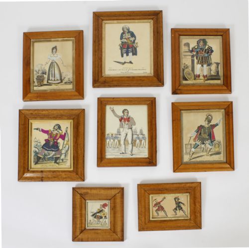 Set of 8 Antique Hand-tinted Engravings of Theatrical Characters 19th C
