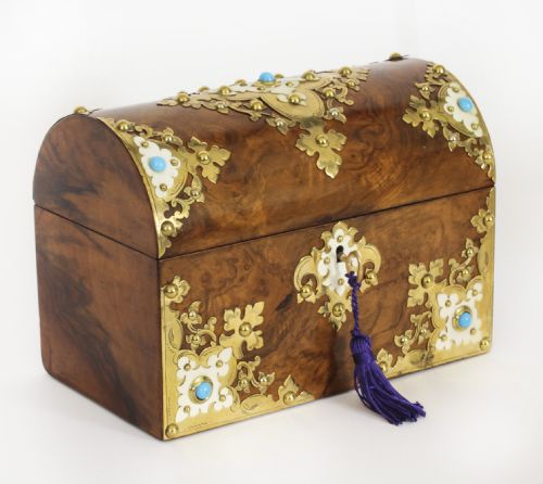 Antique Burr Walnut, Ivorine & Brass Box Domed Casket with Key 19th Century