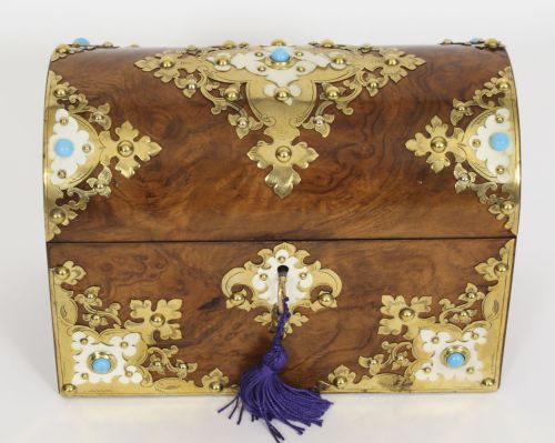 fig 1. Antique Burr Walnut, Ivorine & Brass Box Domed Casket with Key 19th Century