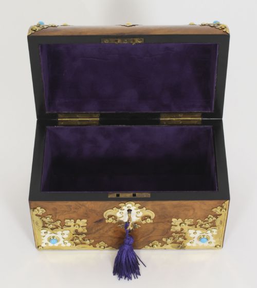 fig 2. Antique Burr Walnut, Ivorine & Brass Box Domed Casket with Key 19th Century