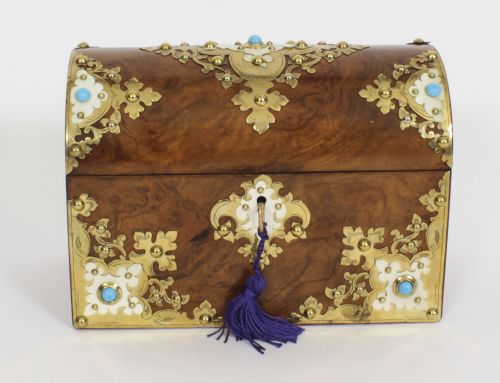 fig 3. Antique Burr Walnut, Ivorine & Brass Box Domed Casket with Key 19th Century