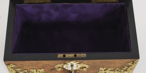 fig 4. Antique Burr Walnut, Ivorine & Brass Box Domed Casket with Key 19th Century