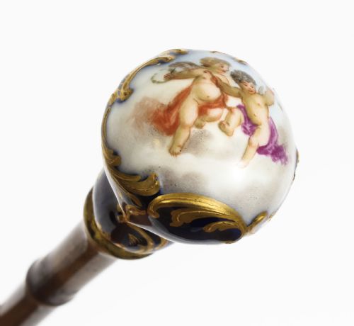Antique Ladies Walking Cane Stick with Sevres Porcelain Handle 19th C