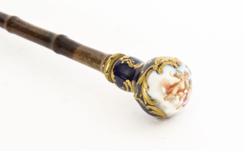 fig 1. Antique Ladies Walking Cane Stick with Sevres Porcelain Handle 19th C