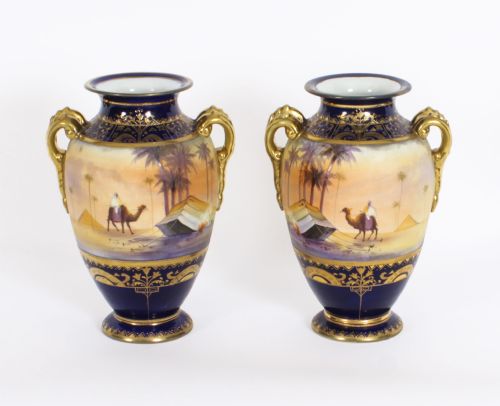 Antique Pair Taisho Period Noritake Hand Painted Porcelain Vases C1920
