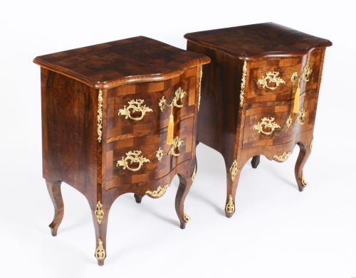 fig 1. Antique Pair Italian Burr Walnut Serpentine Bedside Chests 19th C