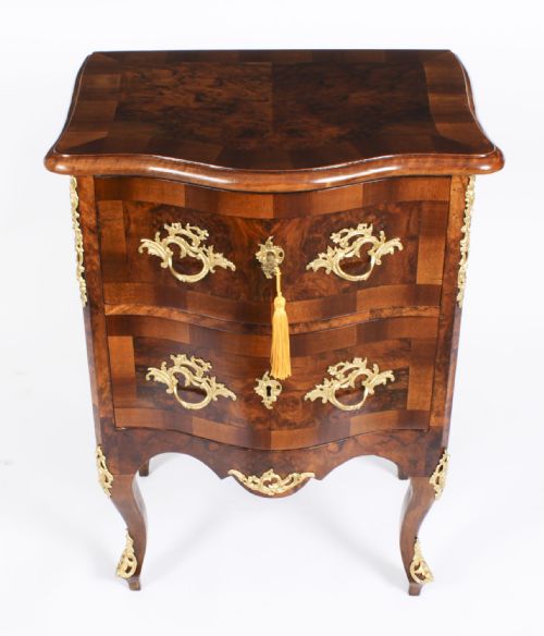 fig 2. Antique Pair Italian Burr Walnut Serpentine Bedside Chests 19th C