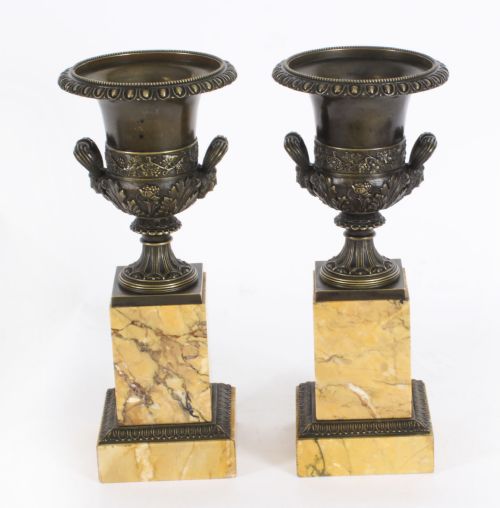 fig 1. Antique Pair Grand Tour Borghese Bronze & Siena Marble Campana Urns 19th C