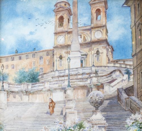 ANTIQUE WATERCOLOUR OF THE SPANISH STEPS ROME ETTORE ASCENZI 19TH C - ADDITIONAL PHOTO 4