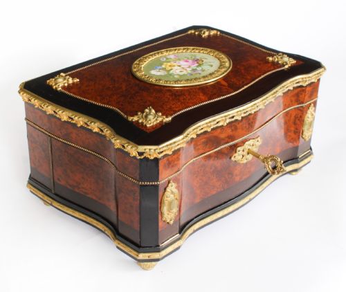 Antique Huge French Amboyna Porcelain Cameo Writing Casket 19th C