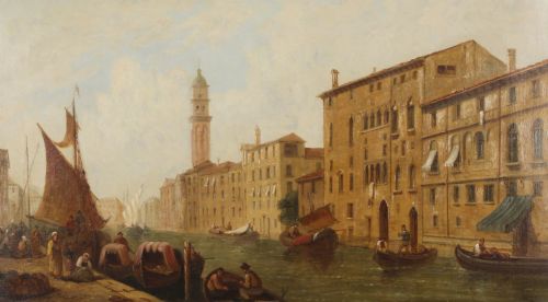 fig 1. Antique Oil Painting Venetian Canal by William Raymond Dommerson 19th C
