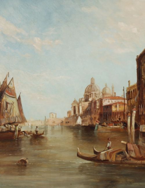 fig 1. An antique 19th-century oil painting depicting gondolas on the Grand Canal with Santa Maria della Salute in Venice, housed within a heavily carved gold gilded frame.