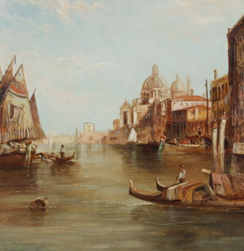fig 2. An antique 19th-century oil painting depicting gondolas on the Grand Canal with Santa Maria della Salute in Venice, housed within a heavily carved gold gilded frame.