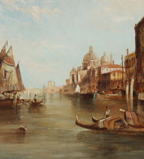fig 3. An antique 19th-century oil painting depicting gondolas on the Grand Canal with Santa Maria della Salute in Venice, housed within a heavily carved gold gilded frame.