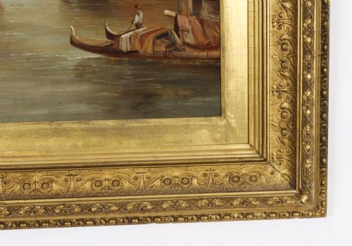 fig 4. An antique 19th-century oil painting depicting gondolas on the Grand Canal with Santa Maria della Salute in Venice, housed within a heavily carved gold gilded frame.