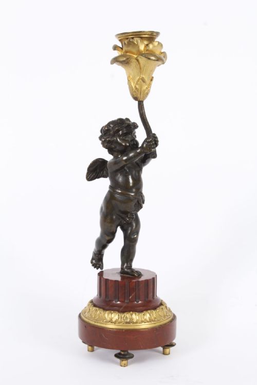 Antique French Ormolu & Patinated Bronze Cherub Candle Stick 19th C