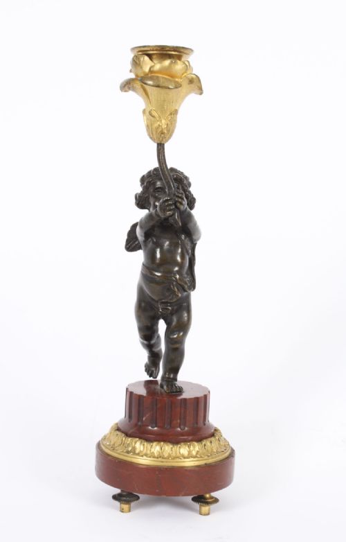 fig 1. Antique French Ormolu & Patinated Bronze Cherub Candle Stick 19th C