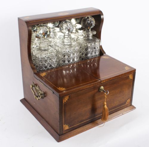Antique Inlaid Three Cut Crystal Decanter Tantalus & Games 19th C
