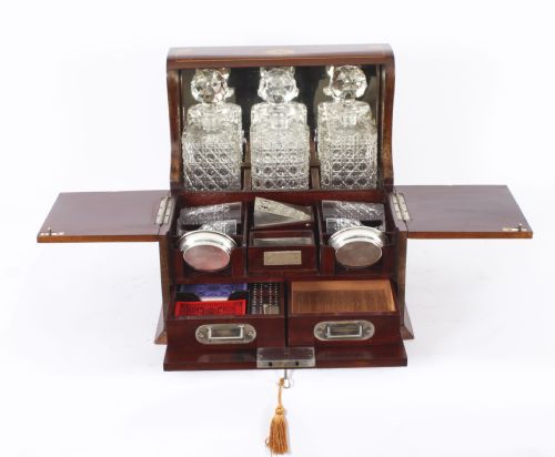 fig 2. Antique Inlaid Three Cut Crystal Decanter Tantalus & Games 19th C