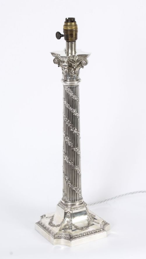 Antique Scottish Silver Plated Corinthian Column Table Lamp Late 19th C