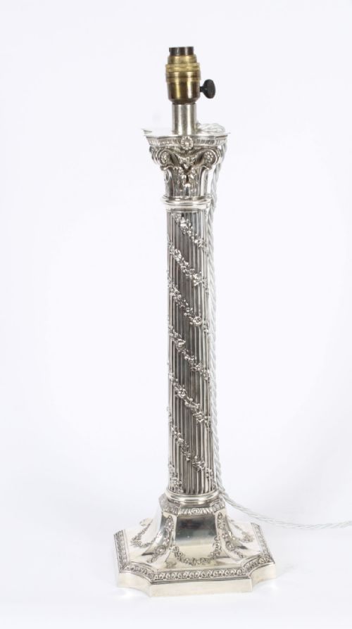 fig 1. Antique Scottish Silver Plated Corinthian Column Table Lamp Late 19th C