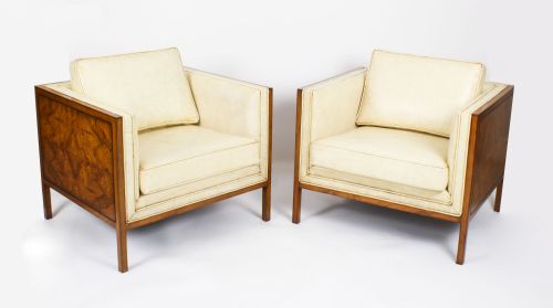 Antique Pair Art Deco Burr Walnut & Cream Leather Armchairs Circa 1920