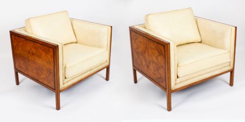 fig 1. Antique Pair Art Deco Burr Walnut & Cream Leather Armchairs Circa 1920