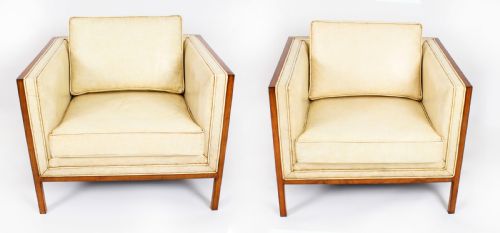 fig 2. Antique Pair Art Deco Burr Walnut & Cream Leather Armchairs Circa 1920