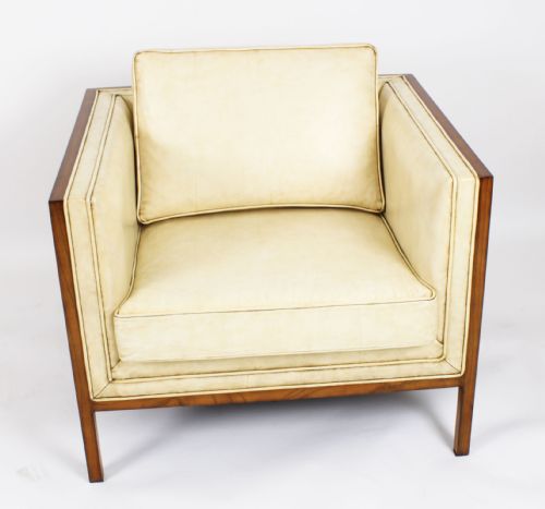 fig 3. Antique Pair Art Deco Burr Walnut & Cream Leather Armchairs Circa 1920