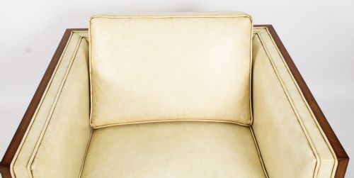 fig 4. Antique Pair Art Deco Burr Walnut & Cream Leather Armchairs Circa 1920